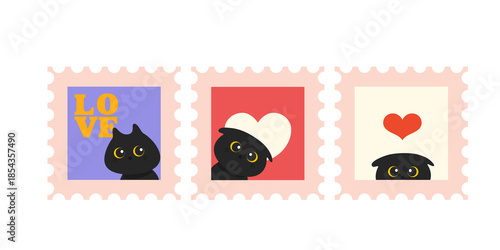 Valentine's Day vector post stamps sticker elements set. Collection of cute black cat.