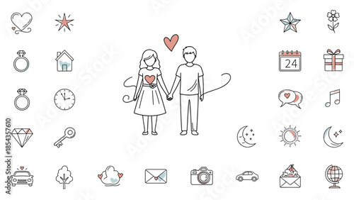 Cute couple holding hands with heart and romantic icons collection
