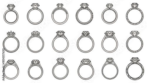 Collection of various detailed illustrations of engagement rings and gemstones