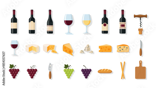 Collection of wine bottles glasses cheese grapes bread and corks