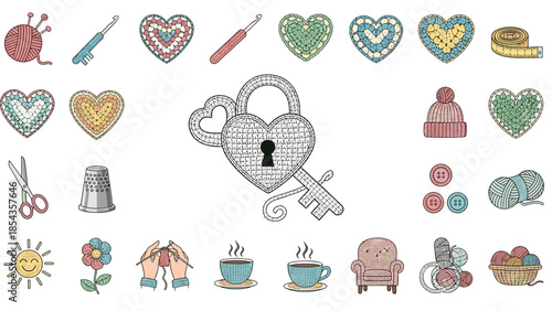 Collection of colorful embroidery hearts and sewing tools