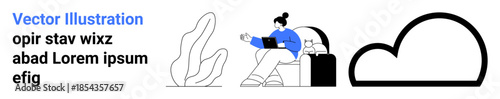 Remote work, home office, freelancing, digital content, productivity, relaxation. Woman sitting with a laptop and a cat, minimal elements including a cloud and plant. Remote work and home office