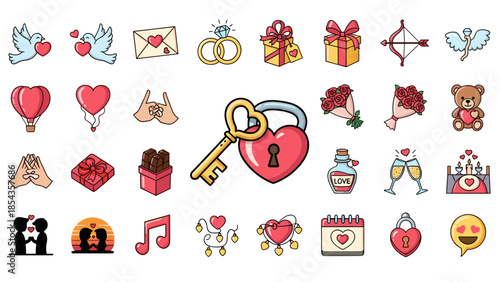 Collection of romantic and lovethemed icons with hearts gifts and more
