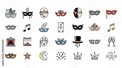 Collection of masquerade masks, costumes, and accessories for parties