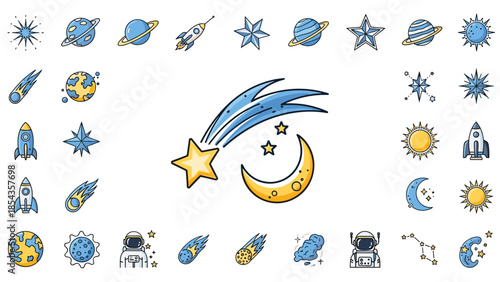 Collection of space icons including stars planets and celestial objects