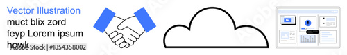 Collaboration, cloud technology, online platforms, digital solutions, business agreements, partnership. Handshake, cloud storage icon web interface layouts. Collaboration and cloud technology