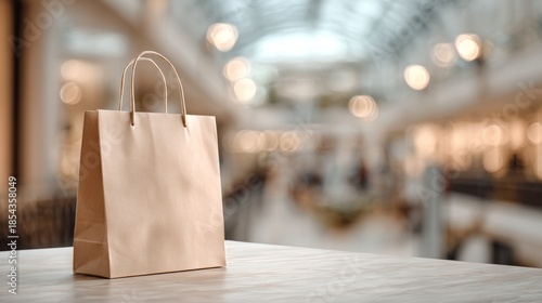 Wallpaper Mural beige paper bag on the table with a blurred store background Torontodigital.ca
