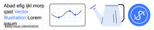 Business growth, investment planning, data analysis, financial management, strategy development, market monitoring. Graph displaying points on a chart, watering can and financial symbol. Business