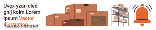 Warehouse operations, logistics management, inventory control, supply chain, shipping, storage solutions. Various boxes and a storage shelf with a notification bell. Warehouse operations