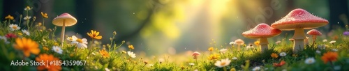 Enchanted meadow bathed in soft sunlight, wildflowers blooming amongst luminous mushrooms and sparkling dew drops A whimsical scene of pure fantasy , fantasy, pixie, folklore