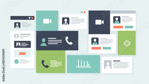 Modern digital communication interface with various app screens