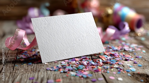 Blank white paper on table surrounded by colorful confetti and ribbons during a festive celebration