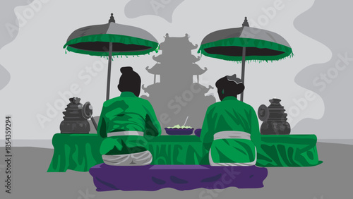 Balinese Hindu prayer ceremony with traditional offerings and green attire