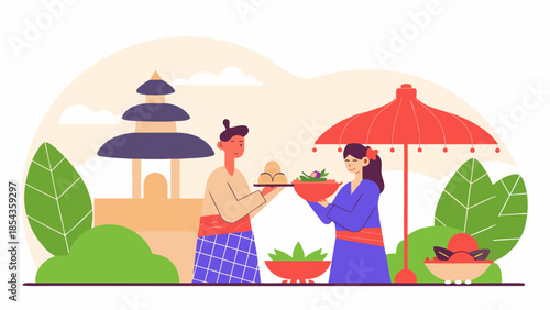 Happy Balinese couple in traditional costumes carrying ritual food offerings