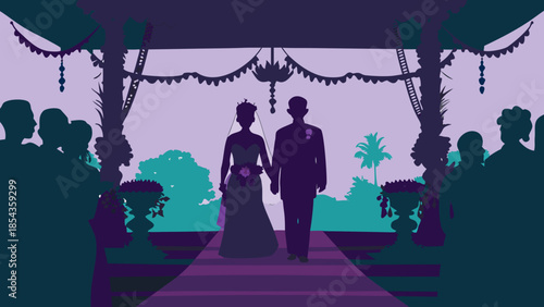 Silhouette of a couple walking during a traditional wedding reception under a pavilion