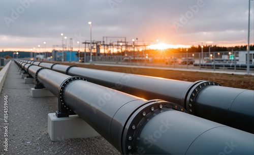 Steel gas pipeline system at industrial station during sunrise, symbolizing energy infrastructure and power
