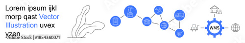 Warehouse management, logistics optimization, supply chain systems, network connectivity, business planning, operational control. Connected nodes illustrate processes. Warehouse management
