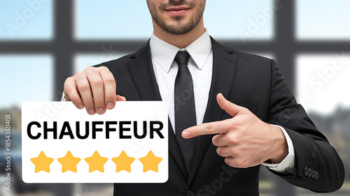 High Rated Chauffeur Service Promotion with Businessman Pointing to Five Star Quality Review Sign