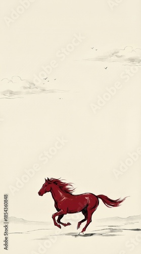 Red horse running in a traditional Chinese painting style with clouds and flying birds. Asian art concept for Lunar New Year and celebration of 2026 year of horse.