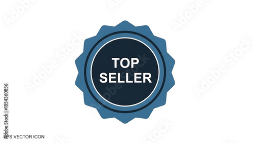 Blue and dark blue starburst badge with white text reading top seller in a circular emblem on a white background