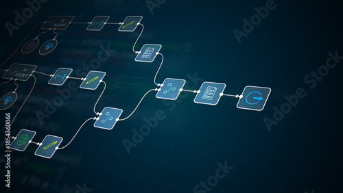 AI automation workflow diagram with agents, cloud computing, and process flow on digital code background