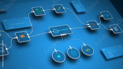 Closeup of AI automation workflow with intelligent agent connecting data, code, and tools for seamless process management