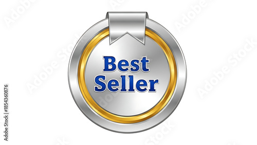 Metallic silver and gold circular badge with blue text reading best seller and a ribbon element at the top, representing achievement and sales success