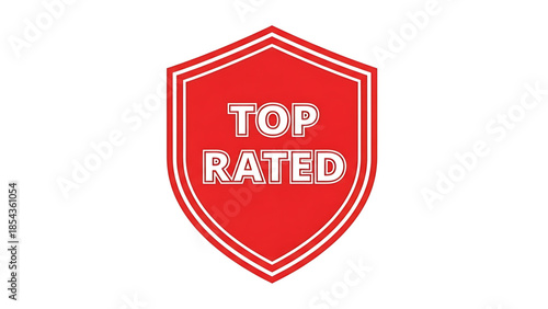 Red shield emblem with white border and outline containing the words top rated in bold white capital letters