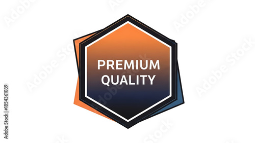 Premium quality hexagon badge emblem with orange to dark blue gradient and white outline on a white background symbolizing excellence and high standards