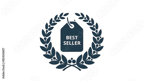 Dark blue laurel wreath circle enclosing a dark blue tag with the words best seller in white text, representing success and achievement, isolated