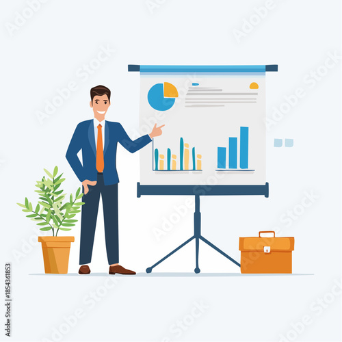 Business presentation by a man pointing at a flip chart with graphs, showcasing business growth and financial success