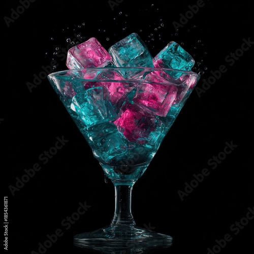 Martini glass filled with ice, lit with pink & blue, against dark backdrop
