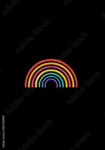 Glowing semicircular rainbow with layered neon colors on a stark black backdrop