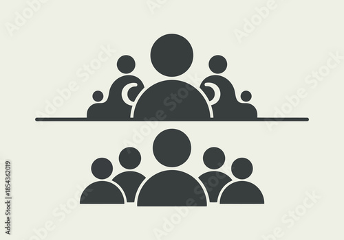 Illustration of two stylized silhouette icons representing groups of people, one with a central figure and surrounding individuals, the other a more compact formation