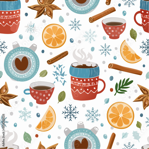 Cozy Winter Pattern Featuring Hot Drinks, Spices, and Festive Snowflakes