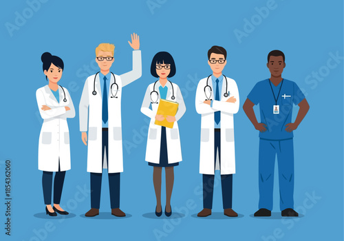 Illustration of diverse group of medical professionals standing together, representing healthcare teamwork and expertise in a clinical setting