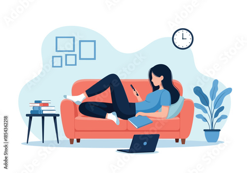 Illustration of young woman relaxing on a couch with a laptop and books, enjoying leisure time at home
