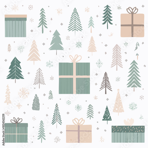 Festive Winter Holiday Gift Boxes and Christmas Trees Decorated with Snowflakes and Stars