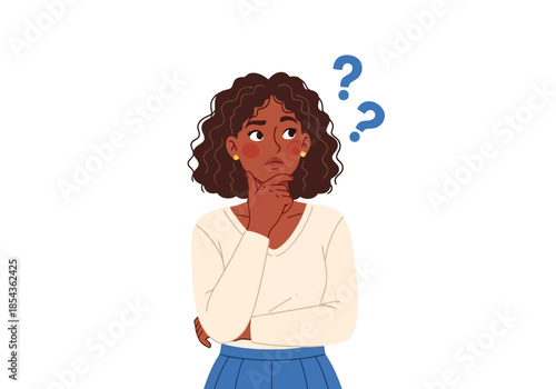 Illustration of thoughtful woman with curly hair and question marks above her head, concept of thinking and confusion
