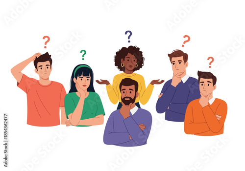 Illustration of group of diverse people looking confused with question marks above their heads, representing uncertainty and doubt