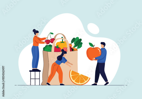 Illustration of people packing groceries into a large bag with fresh fruits and vegetables, symbolizing healthy eating and shopping