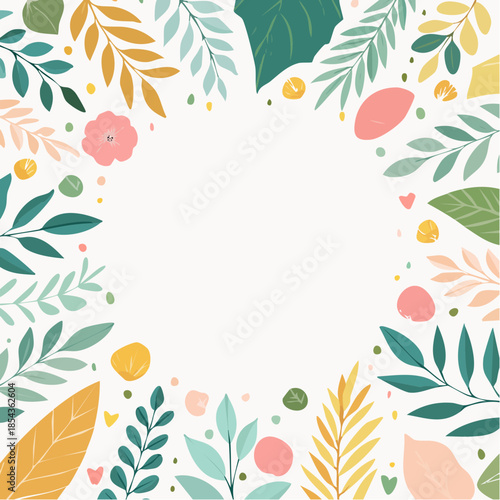 Pastel botanical frame with stylized leaves and delicate flowers, ideal for spring and summer designs, invitations, and natural decorative backgrounds