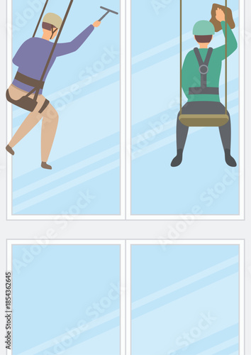 Vector Illustration Two men who work as janitors are cleaning the outside windows of the company.