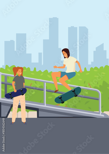Vector Illustration Two women have fun practicing skateboarding on a ramp.