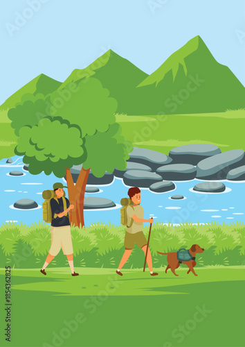 Two people are adventuring and leisurely walking along the riverbank, a small dog following or running in front of them.