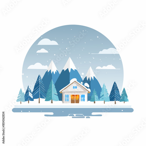 Cozy winter cabin nestled amidst snow-covered mountains and pine trees, with a frozen lake reflecting the warm glow of the house's windows, creating a serene and picturesque holiday scene