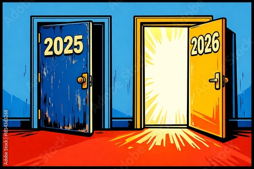 Two Doors Representing Years 2025 and 2026 Choice Gateway Concept
