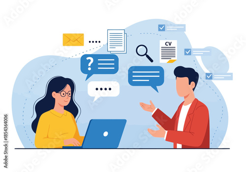 Illustration of two people having a conversation with a laptop and speech bubbles, representing communication and discussion in a business context