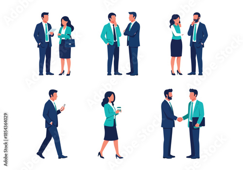 Illustration of collection of business people in various professional interactions, including meetings, conversations, and handshakes