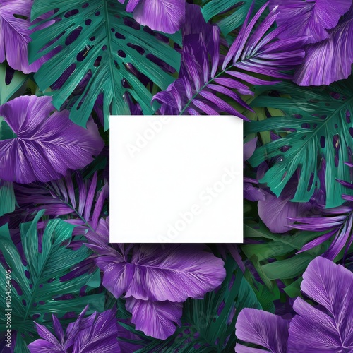 Colorful tropical leaves in purple and green surround a blank white square